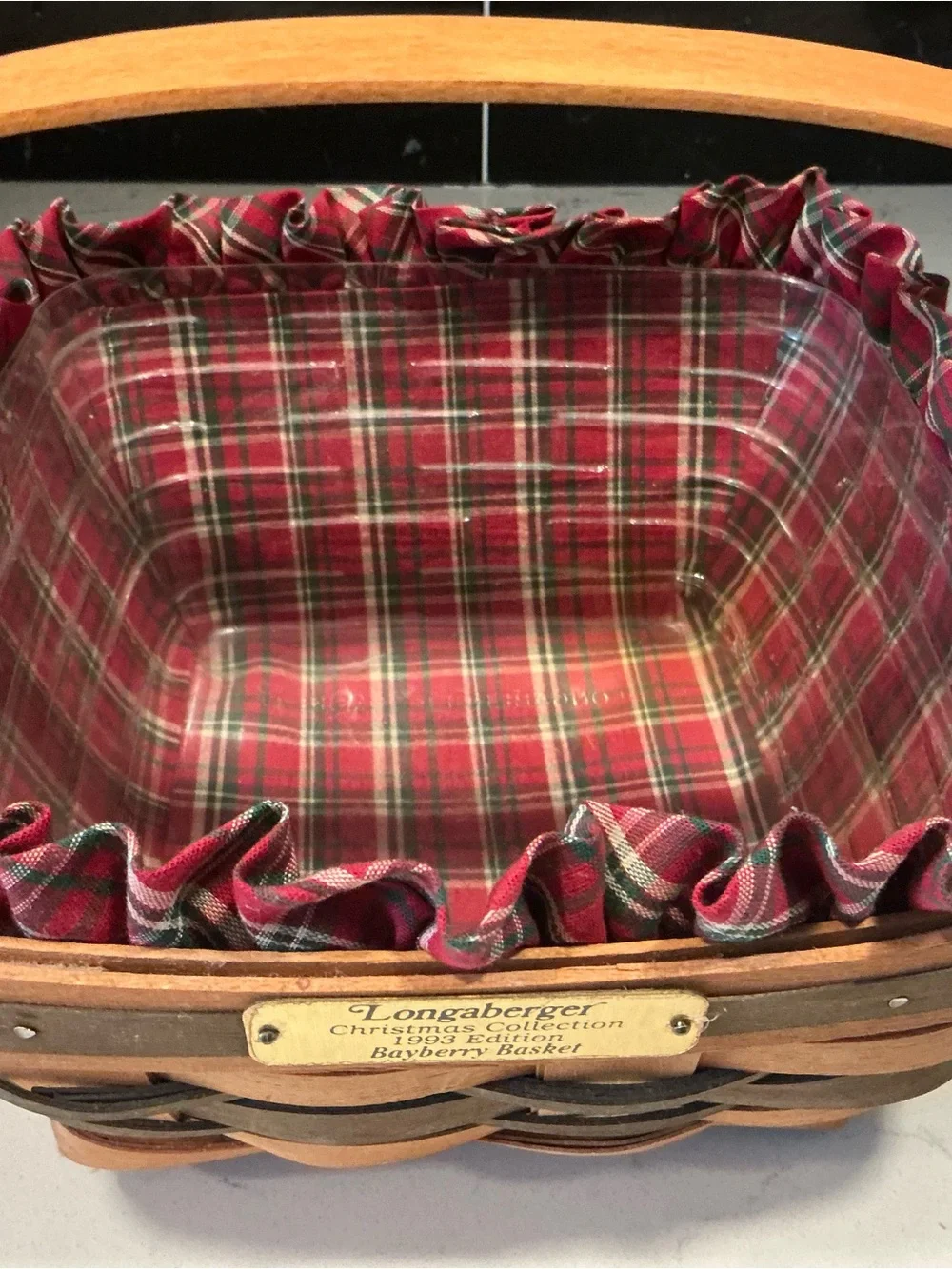 1993 Longaberger bayberry basket Christmas collection fabric liner & plastic